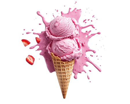 Strawberry ice cream cone with splash photography