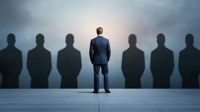 Businessman in suit standing confidently facing wall with multiple shadow silhouettes symbolizing leadership ambition self reflection confidence and modern silhouette