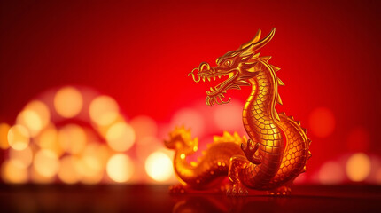 Obraz premium Golden Chinese Dragon Figurine on Red Background