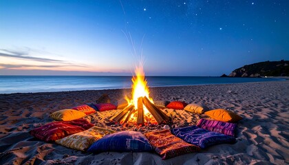 Nighttime Beach Bonfire with Colorful Pillows under Starry Sky