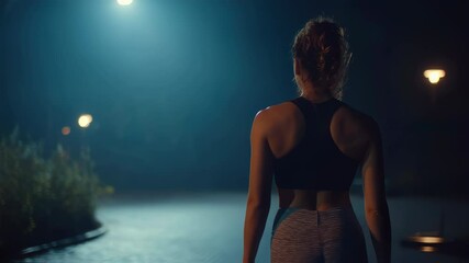 Muscular athletic woman walking confidently with strong back, moving away from camera under streetlights, showcasing powerful nighttime urban fitness aesthetic with dramatic cinematic styling - Powered by Adobe
