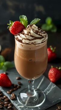 Enjoy a delightful espresso dessert featuring rich cream, fresh strawberries, and mint. Perfect for coffee lovers seeking a sweet indulgence in a cozy cafe setting.