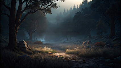 Misty morning forest landscape with dark trees and foggy light