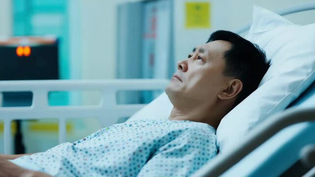 Asian man lying in hospital bed wearing patient gown in medical environment, showing thoughtful concern and hope for recovery in indoor healthcare setting