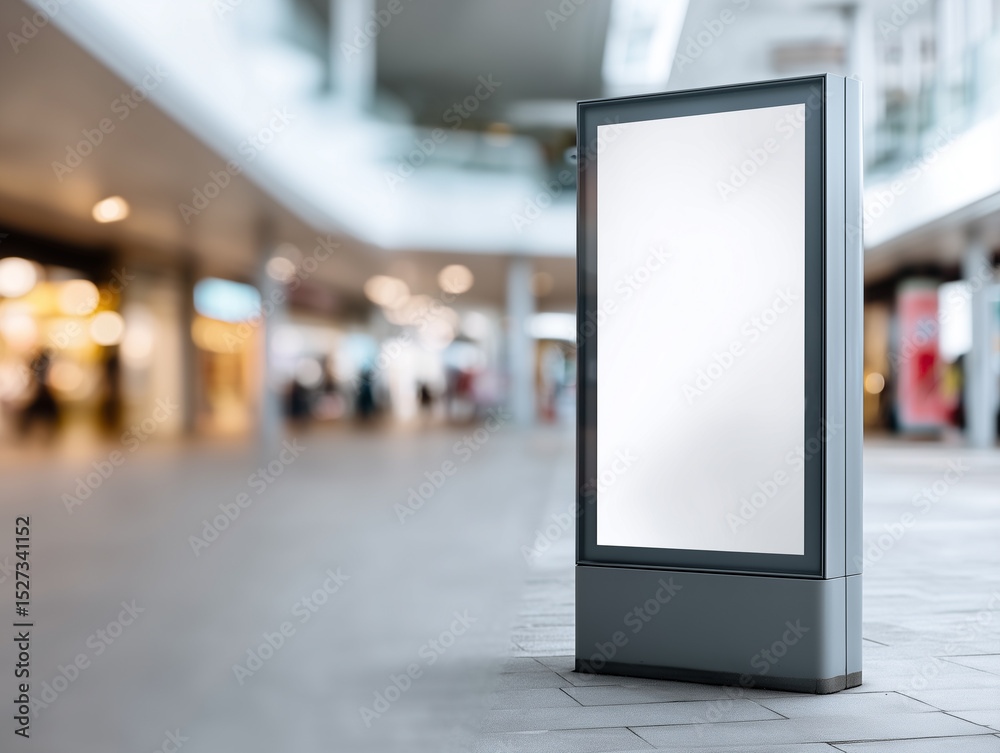 Poster blank advertising display indoor mall modern empty vertical illuminated mockup template blurred back