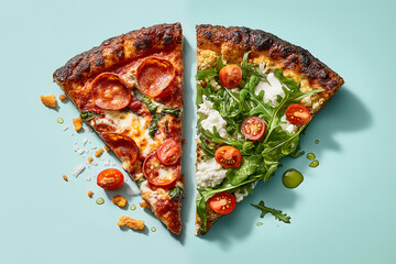 Delicious pizza slices featuring pepperoni and fresh greens, showcasing vibrant colors and textures, perfect for food lovers