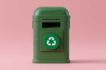 Green recycling bin with circular recycling symbol on pink background, promoting eco friendliness and sustainability