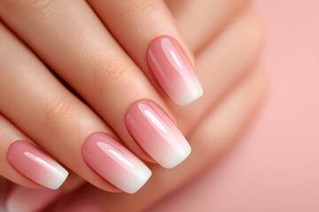 Close up of hand with beautifully manicured nails featuring soft pink gradient and pristine finish, evoking elegance and style