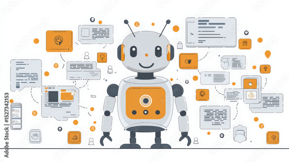 Poster Friendly robot with antennas and headphones stands surrounded by various digital interfaces, symbolizing technology and communication. scene conveys innovation and connectivity