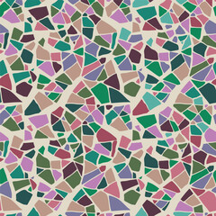 Terrazzo seamless pattern. Marble flooring with polished rock surface. Green violet and brown colored stones texture. Vector background