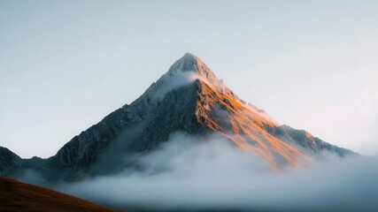 Mountain peak with morning sunlight, misty clouds, and rocky landscape creating serene nature scene under clear sky and peaceful atmosphere - Powered by Adobe