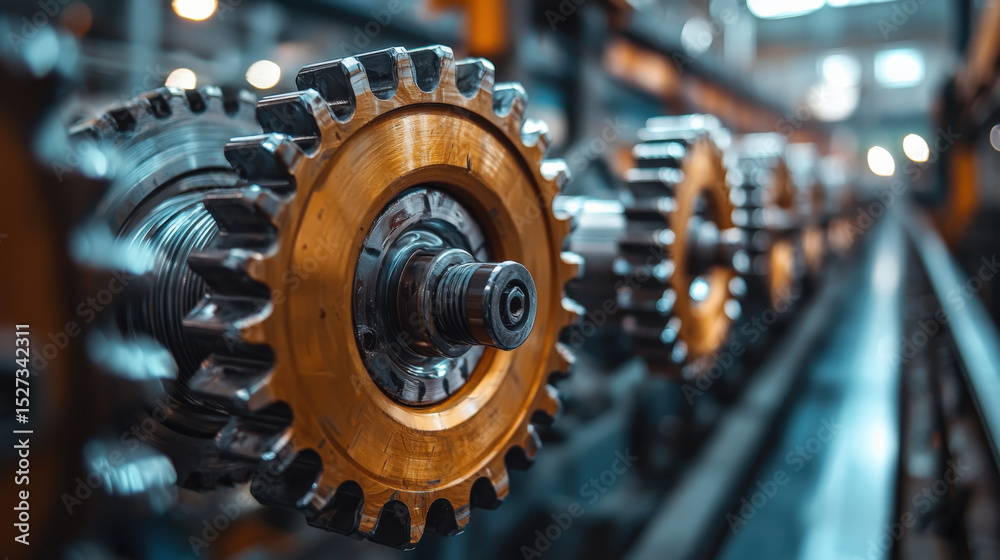Aufkleber Row of large industrial gears in factory setting, showcasing precision engineering and metallic textures. focus is on intricate details of gears, highlighting their importance in machinery