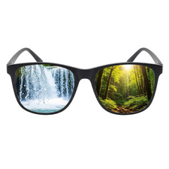 Stylish Black Glasses Reflecting a Vibrant Waterfall and a Sunny Forest
