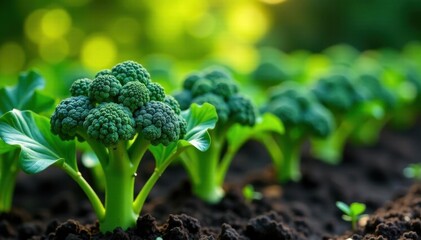 Mature broccoli plants thriving in sunny garden bed , produce, gardening, Brassica oleracea