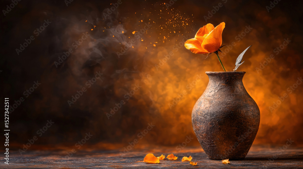 Poster single vibrant orange flower in rustic vase is illuminated by warm golden hour light, creating drama