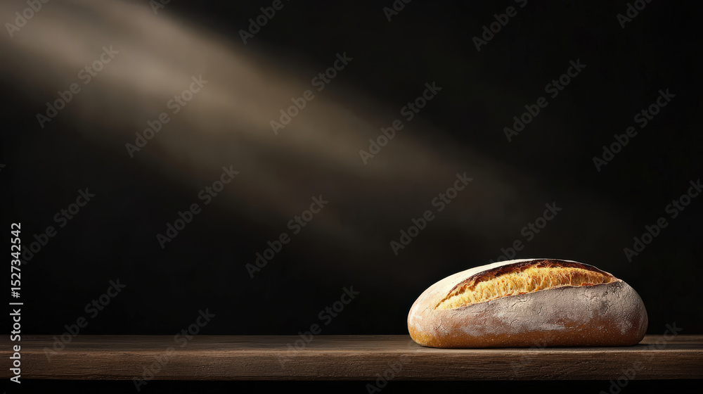 Poster freshly baked loaf of bread sits on wooden table, illuminated by soft beam of light against dark bac