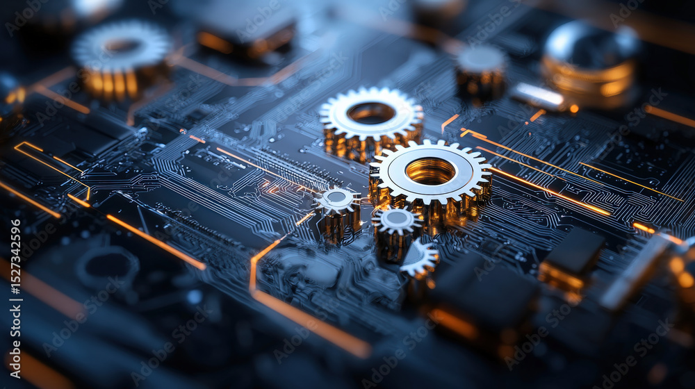 Poster futuristic abstract composition featuring gears on motherboard, illuminated with glowing orange line