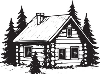 A cozy wooden cabin with a chimney sits among towering pine trees. It features a triangular roof, a small window above the door, and a cross-shaped decoration, creating a rustic, peaceful retreat