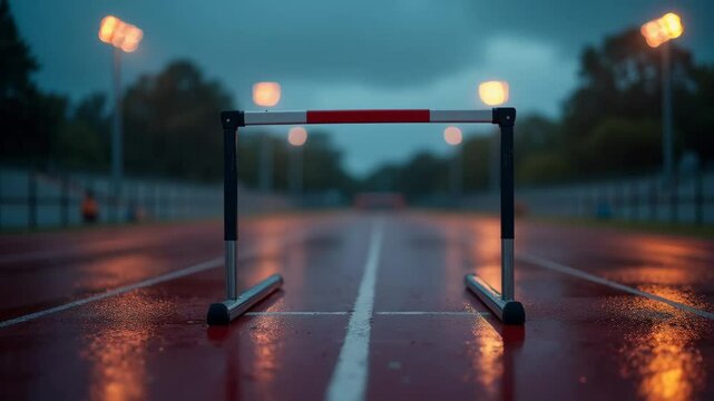 A solitary hurdle on a wet red track at dusk, reflecting stadium lights.
