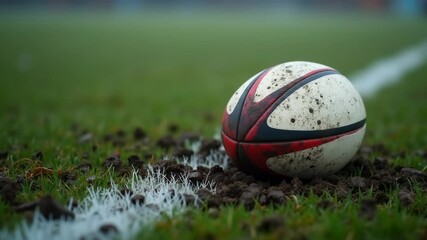 Muddy rugby ball on the try line after a hard-fought score in the rain.
- Powered by Adobe
