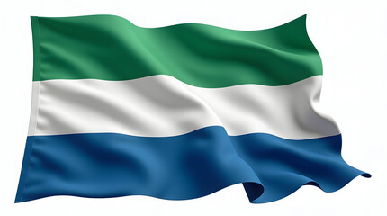 Fototapeta premium Photorealistic flag of Sierra Leone with green, white, and blue horizontal stripes. Isolated on white background with realistic fabric texture and soft folds.