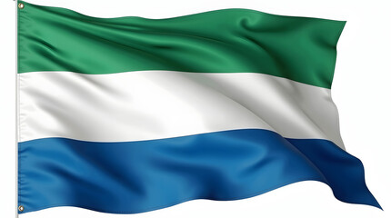 Fototapeta premium Photorealistic flag of Sierra Leone with green, white, and blue horizontal stripes. Isolated on white background with realistic fabric texture and soft folds.