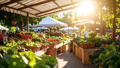 Sunny Outdoor Farmers Market with Colorful Fruits and Vegetables