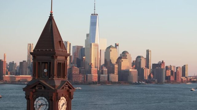 Aerial view of The World Trade Center and Hoboken Terminal. Shot at sunset along The Hudson River in New Jersey.