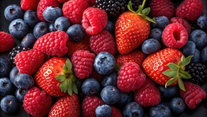 Fototapeta premium Fresh assortment of strawberries, blueberries, and raspberries on a dark background.