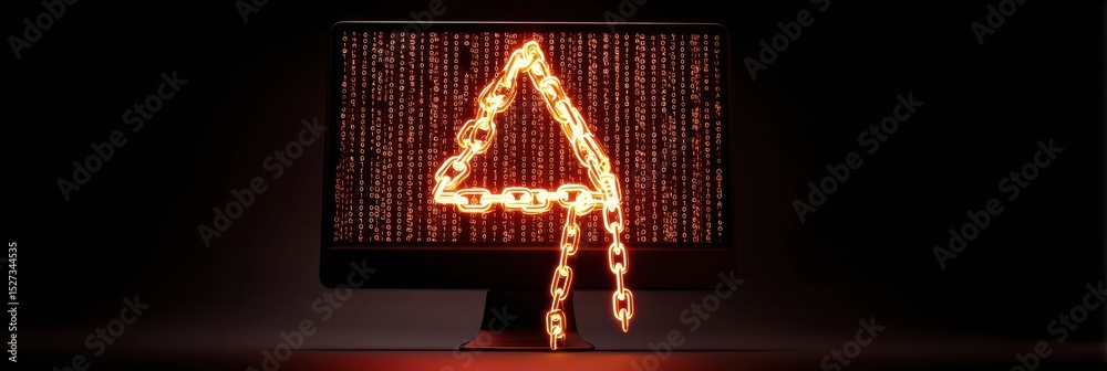 Aufkleber Warning Symbol With Digital Chains on Computer Monitor Representing Cyber Security Threats and Data Protection Risks in a Modern Workspace