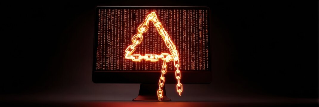 Warning Symbol With Digital Chains on Computer Monitor Representing Cyber Security Threats and Data Protection Risks in a Modern Workspace - Powered by Adobe