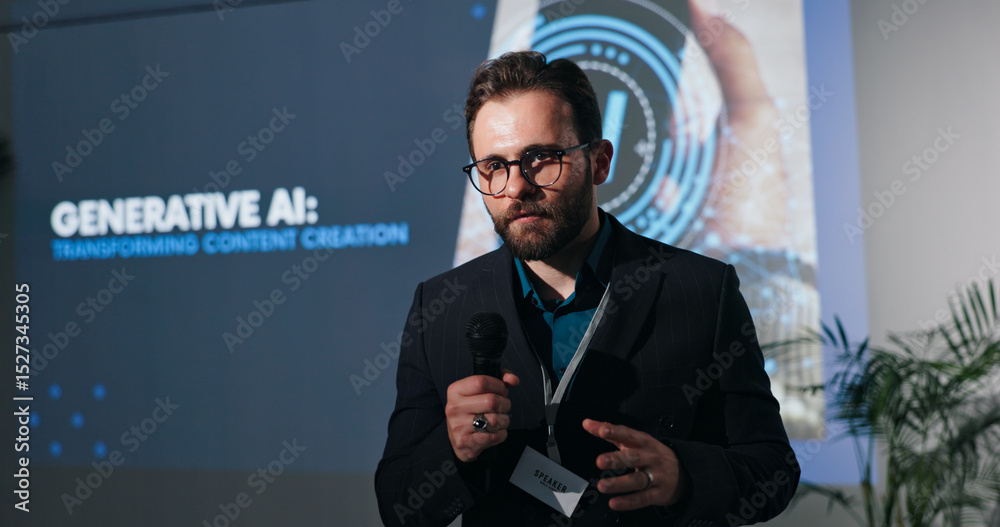 Aufkleber Man, presentation and screen at AI convention, mic or info with transformation for content creation. Person, speaker and talk for ethics, generative LLM and futuristic tech at global conference