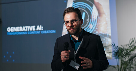 Man, presentation and screen at AI convention, mic or info with transformation for content...