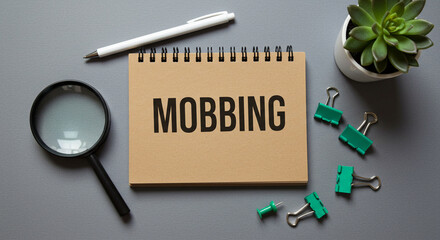 A notebook with the word mobbing on it, a pen, a magnifying glass, and a succulent on a gray surface