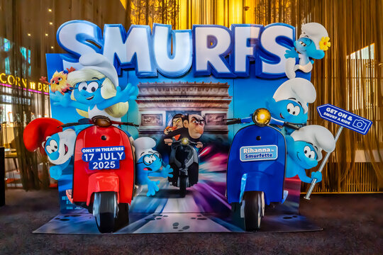 BANGKOK, THAILAND, 09 June 2025 - A beautiful standee of a movie called Smurfs Display at the cinema to promote the movie