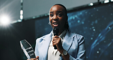 Black woman, award and thank you speech with mic at seminar for business success or nomination....