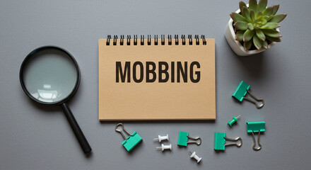 A top down view of a notebook with mobbing written on it with a magnifying glass and office supplies