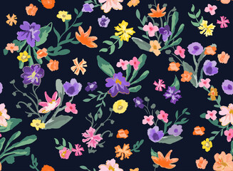 Blooming midsummer meadow seamless pattern. Plant background for fashion, wallpapers, print. A lot of different flowers on the field. Liberty style millefleurs. Trendy floral design