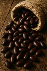 Chocolate covered almonds spilling from a burlap sack onto a rustic wooden surface in a close up shot
