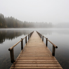 A long wooden pier extends into the foggy distance over a calm body of water, creating a mysterious and serene atmosphere in the early morning mist
