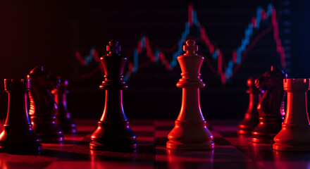 Chess pieces on a board with stock market graph in background illuminated by red and blue lighting