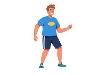 A cartoon man with a blue shirt navy shorts and green shoes stands and points