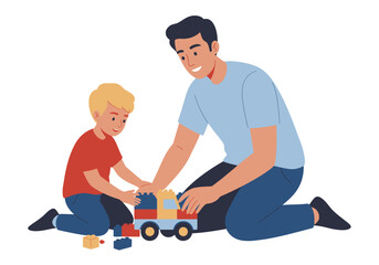 A father and son kneel building with toy blocks on the floor
