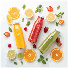 Flatlay of Colorful Juice Bottles with Fruit Garnish
