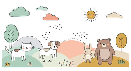 Whimsical Animal Friends in a Pastel Landscape Illustration