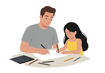 Father and a girl are drawing with pencils on a table