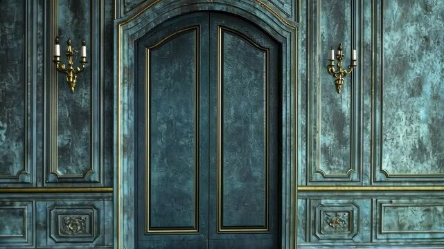 Ornate doors set in a grand, weathered, and detailed, baroque style wall interior