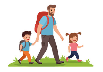 A man hiking with two children on a green path He has a large backpack