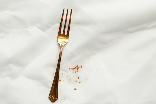A Gold Fork on a White Crumpled Paper with Food Remnants