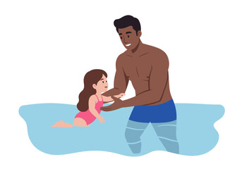 A man teaching a girl to swim in a light blue pool